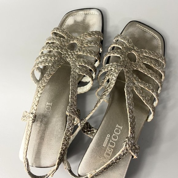Sesto Meucci Woven Silver Metallic Leather Sandals, Size 7 1/2 - Picture 10 of 11